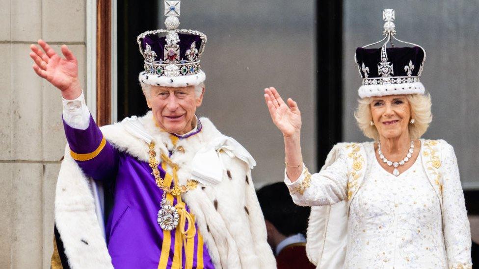 King Charles III and Queen Camilla on the balcony of Buckingham Palace, London, following the coronation on May 06, 2023 in London,