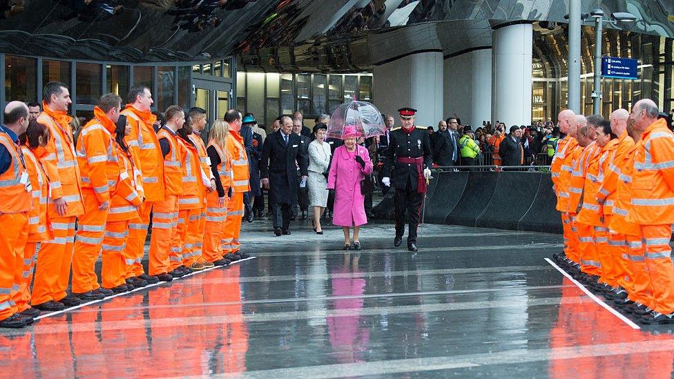 Prince Philip and Queen Elizabeth II visit the newly redeveloped Birmingham New Street Station on November 19, 2015 in Birmingham