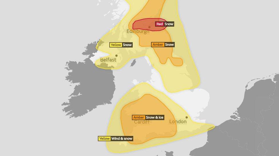 Map showing which areas will be affected by snow on Thursday