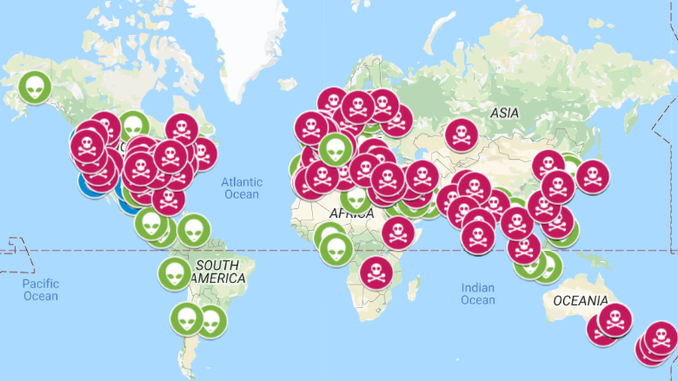 Map showing 265 fake sites all over the world