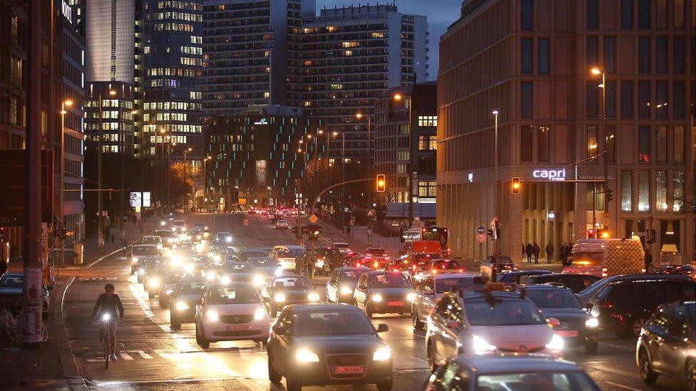 Cars stream along Leipziger Strasse in Berlin city centre on January 30, 2018