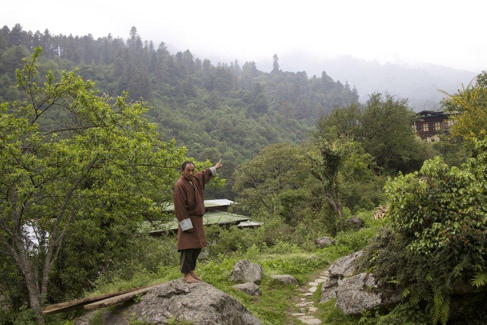 Villager Norbu points out where he spotted a Yeti