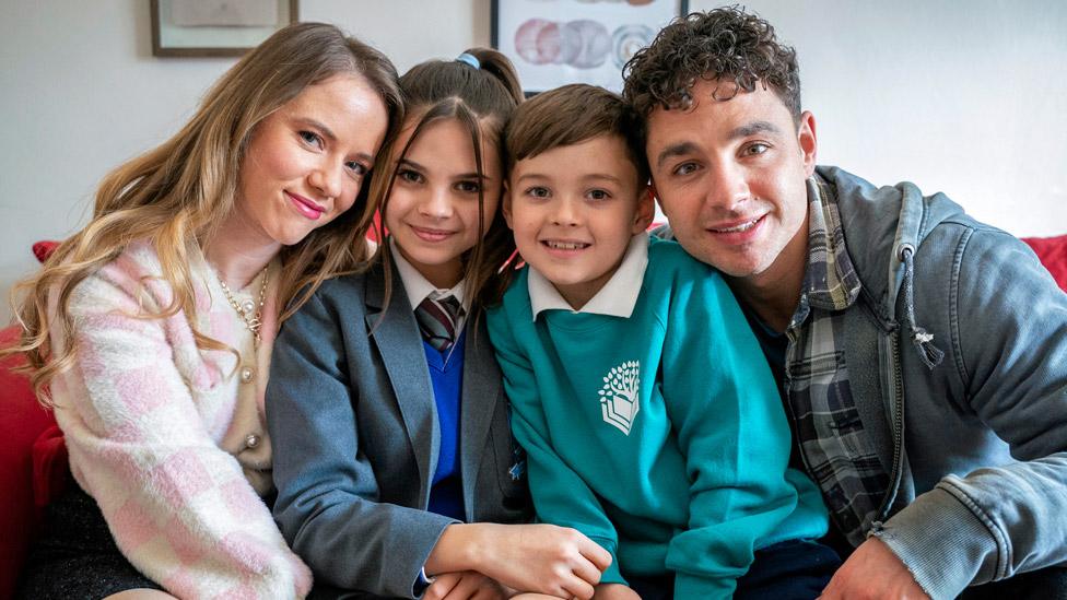 Chlo Charles (Katie Griffiths), Izzy Charles (Scarlett Thomas), Tommy Charles (Teddy Thomas) & Donte Charles (Adam Thomas) in Waterloo Road