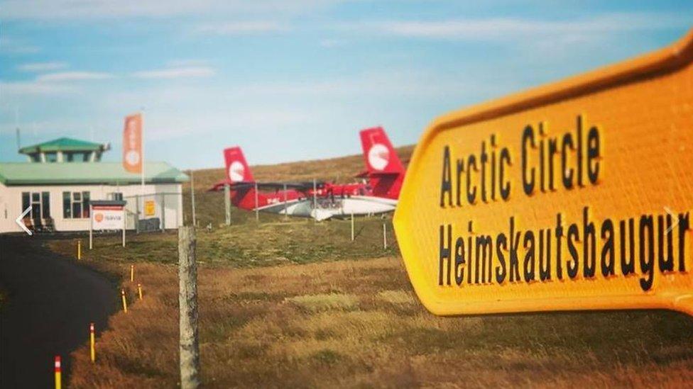 A sign on Grimsey pointing towards the Arctic Circle