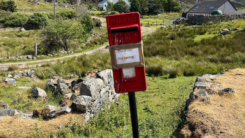 Red post box with a taped on sign which reads 'out of use, birds nesting'