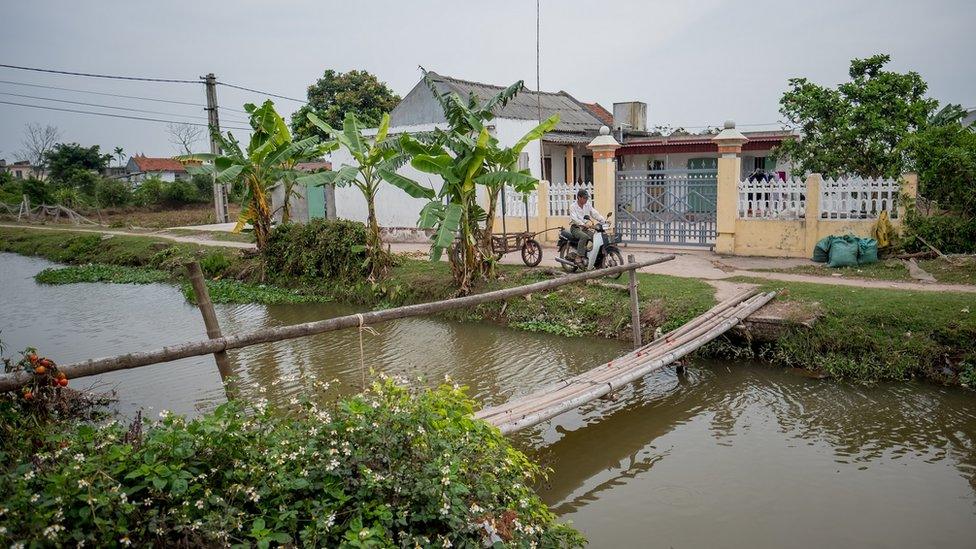 Doan Van Binh, 41, brother of Doan Thi Huong, drives his motorbike-cart in front of to Huong's family home with yellow-painted walls on February 27, 2017 in Nghia Binh, a village 130km from Hanoi of Nghia Hung District, Nam Dinh Province, Vietnam.