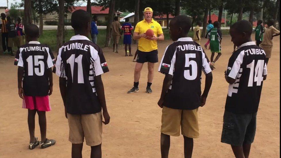 Children in Rwanda in Welsh rugby kits