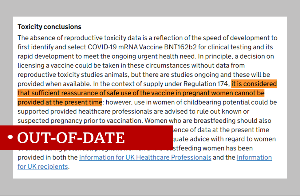 a piece of text from the government website, labelled 'out of date' with the following line highlighted: it is considered that sufficient reassurance of safe use of the vaccine in pregnant women cannot be provided at the present time