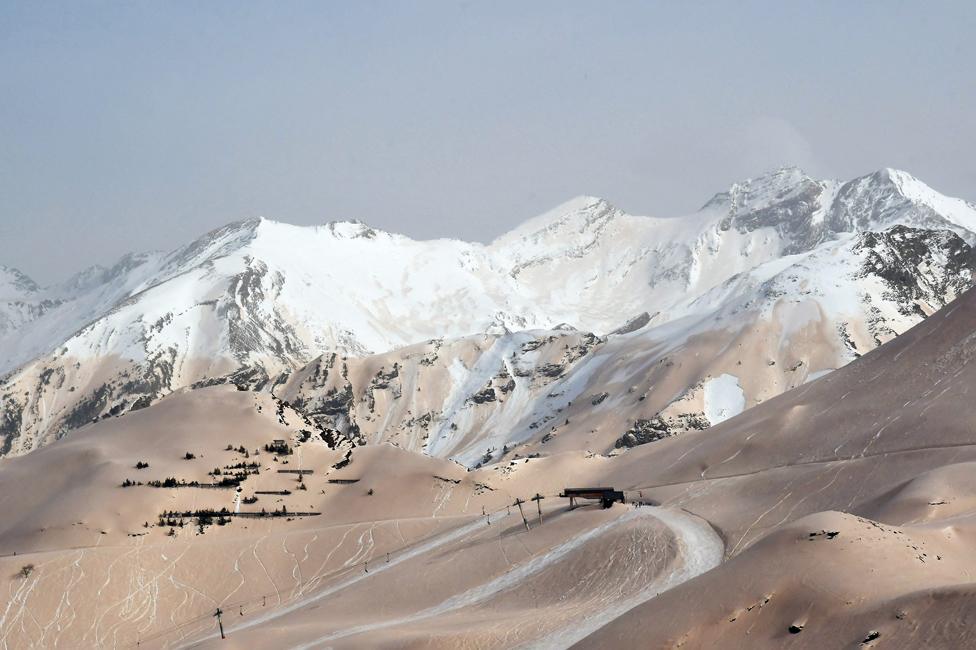 Sand from Sahara covers the snow at Piau-Engaly ski resort, southern France.