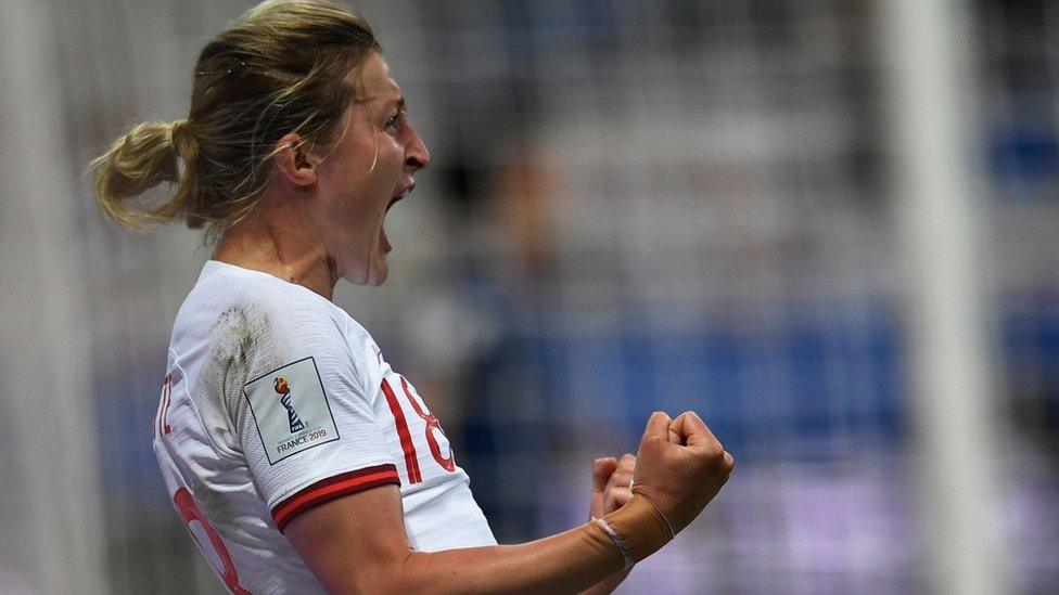 Ellen White celebrates after scoring against Japan at World Cup