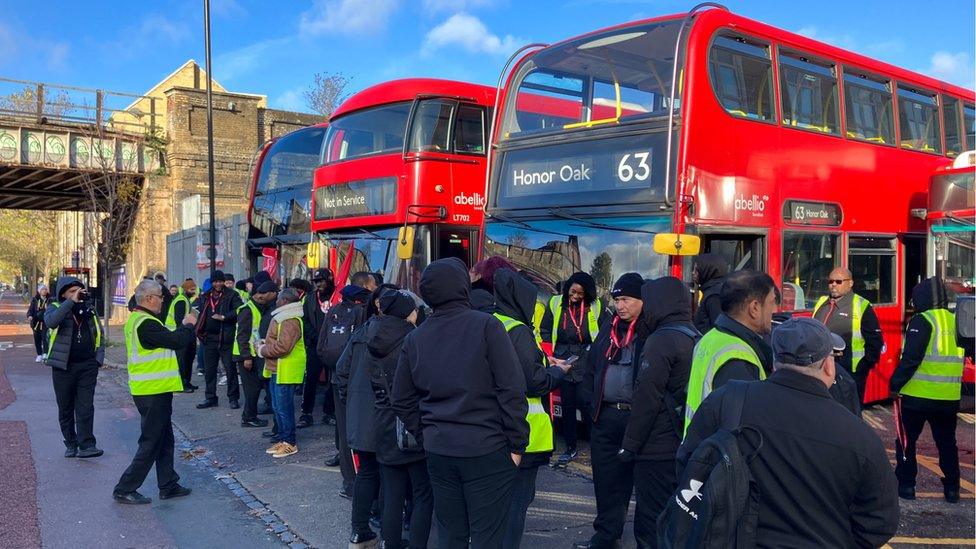 Members of Unite strike at Camberwell Bus Garage