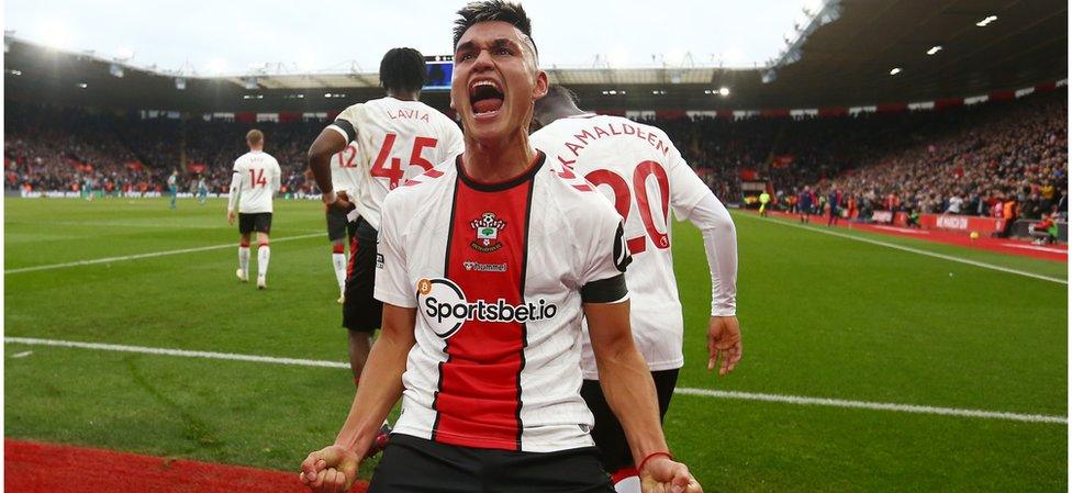 Carlos Alcaraz of Southampton celebrates after scoring during the Premier League match between Southampton FC and Wolverhampton Wanderers at St. Mary's Stadium on February 11, 2023 in Southampton, England.