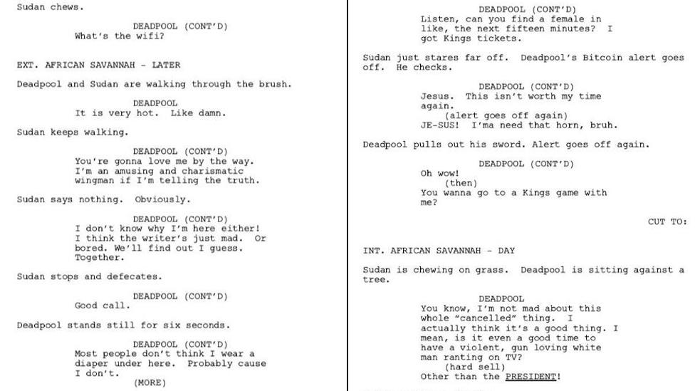 Two pages from the Deadpool script