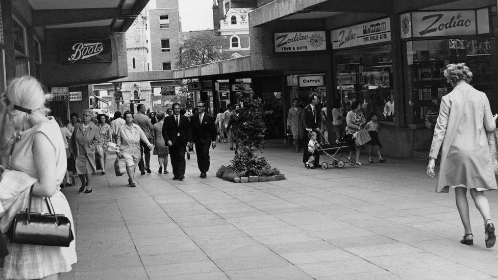 Shops including Boots, Currys and Zodiac in the Friars Square Shopping Centre in Aylesbury in 1970