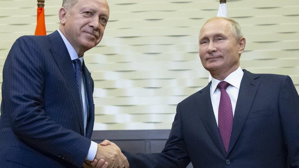 Turkish President Recep Tayyip Erdogan shakes hands with Russian President Vladimir Putin in Sochi, Russia (17 September 2018)