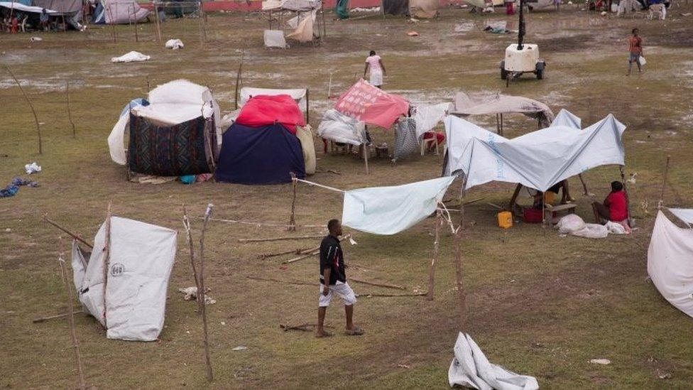 Haitians live in the Gabion Stadium where a camp was installed, after hundreds of Haitians lost their homes due to the earthquake last Saturday, in Les Cayes, Haiti, 17 August 2021