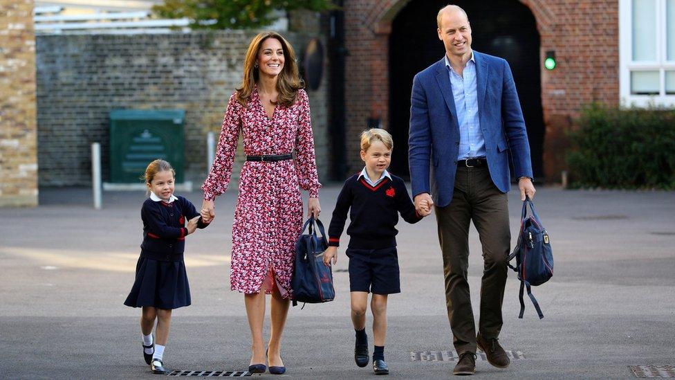 Princess Charlotte arrives for her first day at school accompanied by her mother Catherine, Duchess of Cambridge, father Prince William, Duke of Cambridge, and brother Prince George, at Thomas's Battersea in London, Britain September 5, 2019