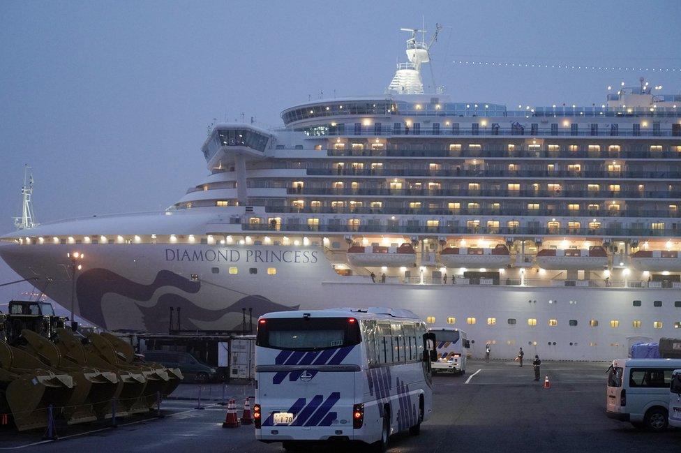 Buses parked close to the Diamond Princess cruise ship