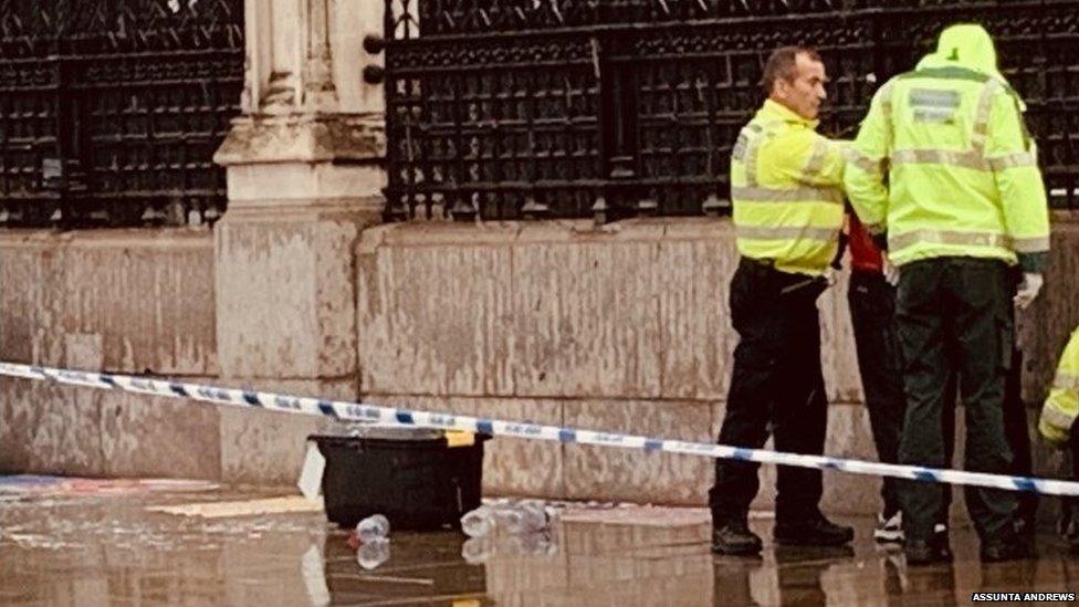 Police outside the Houses of Parliament following the arrest of a man