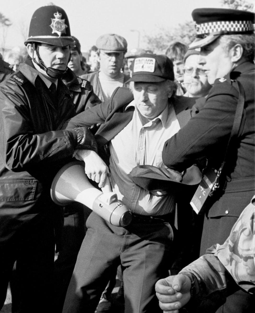 Police arrest Arthur Scargill, NUM President at Orgreave