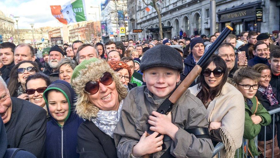 Several spectators, including some children, attended 1916 Easter Rising ceremonies in period dress