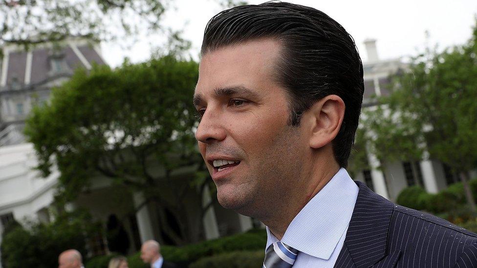 Donald Trump Jr talks with reporters on the South Lawn of the White House April 17, 2017 in Washington, DC