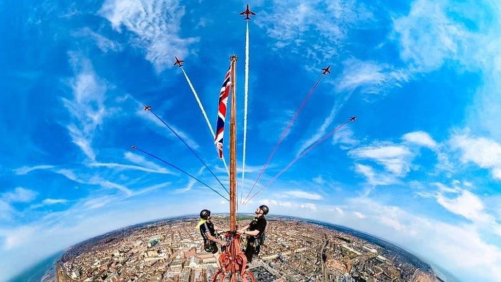 Russ Edwards' selfie from the top of Blackpool Tower, with the Red Arrows flying past