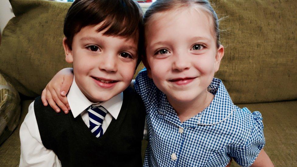 Twins Jasper and Phoebe Tomkins on their first day at school