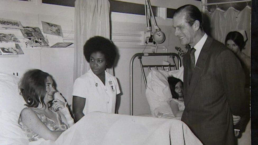 Carol Pearce being visited by the Duke of Edinburgh in hospital