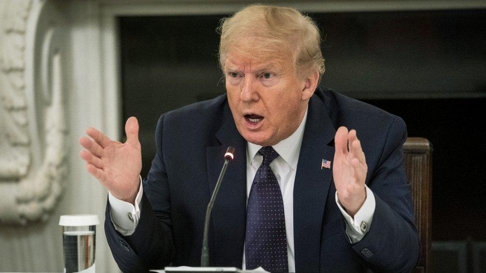 President Donald Trump speaks during a roundtable in the State Dining Room of the White House May 18