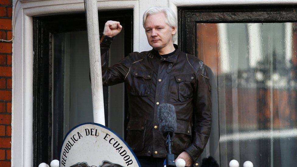 Julian Assange speaks on the balcony of the Embassy of Ecuador in London on May 19, 2017