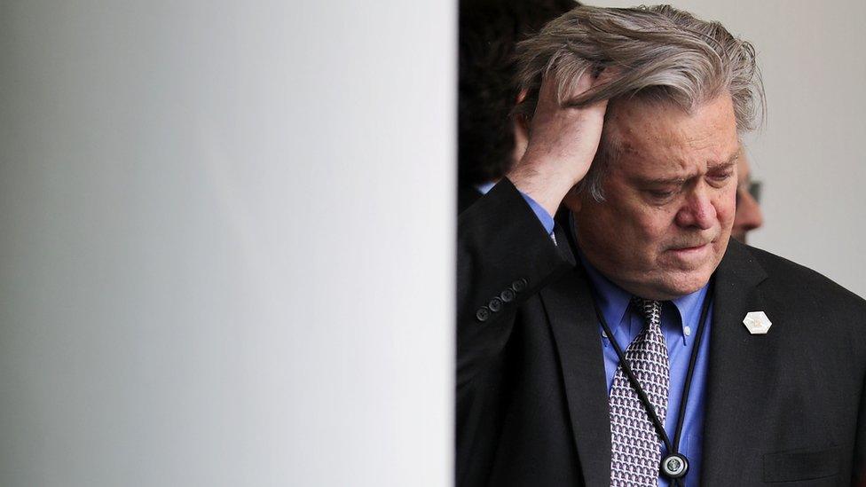 Senior Counselor to the President Steve Bannon helps with last minute preparations before President Donald Trump announces his decision to pull out of the Paris climate agreement at the White House June 1, 2017 in Washington, DC.