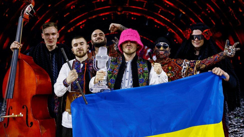 Kalush Orchestra from Ukraine pose after winning the 2022 Eurovision Song Contest in Turin, Italy