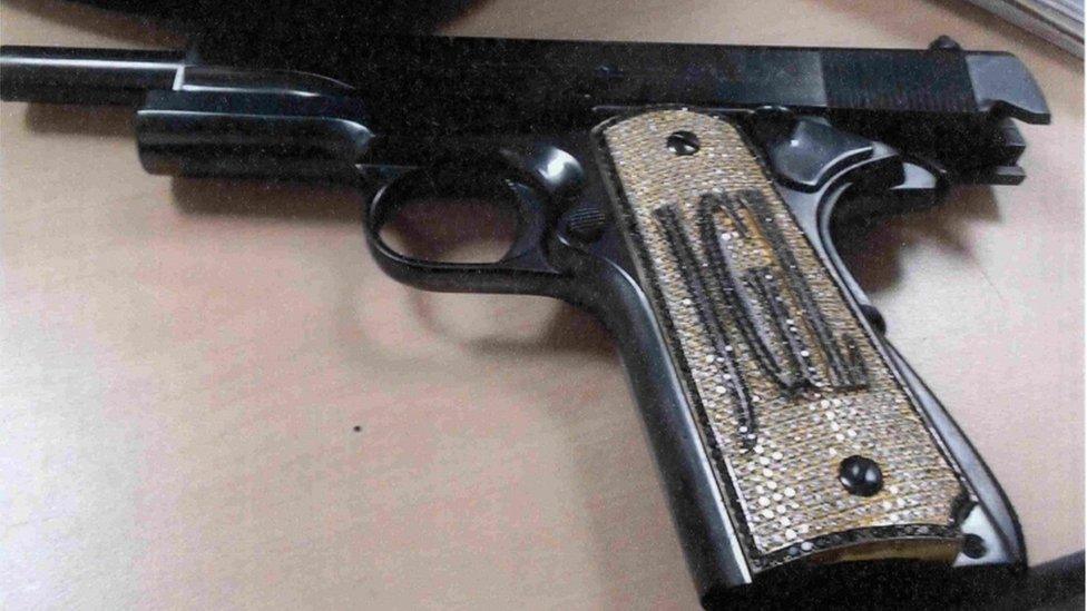 A diamond-encrusted pistol that government witness Jesús Zambada said belonged to the accused Mexican drug lord Joaquin "El Chapo" Guzman