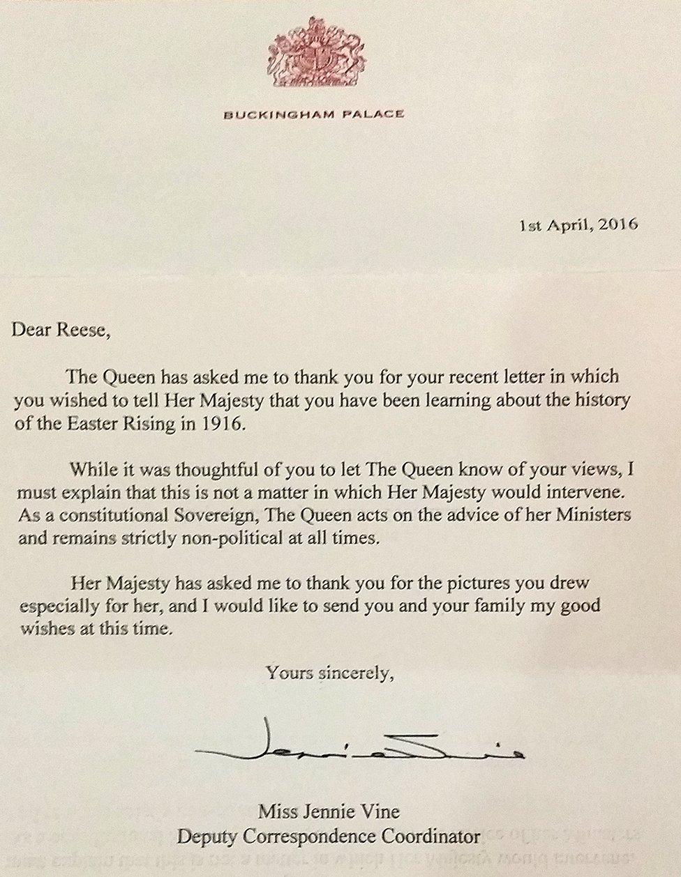 The letter sent to Reese from Buckingham Palace