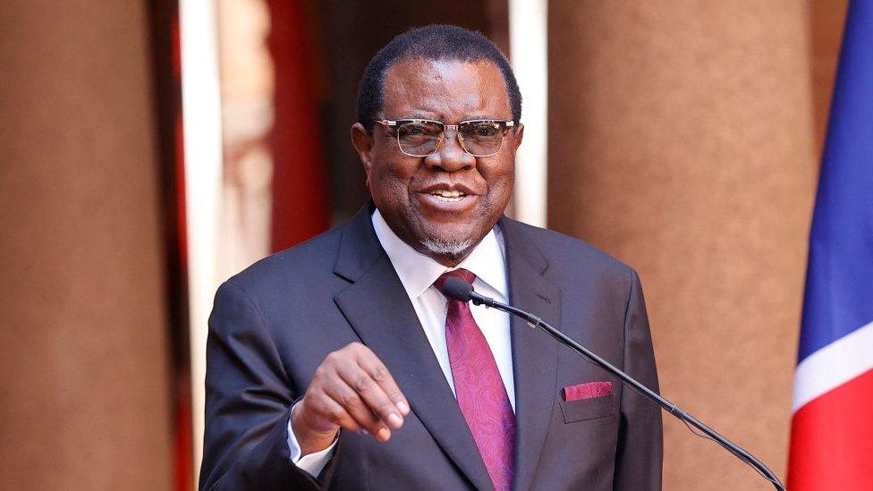 Namibian President Hage Geingob seen during a joint press conference with South African President Cyril Ramaphosa in April 2023