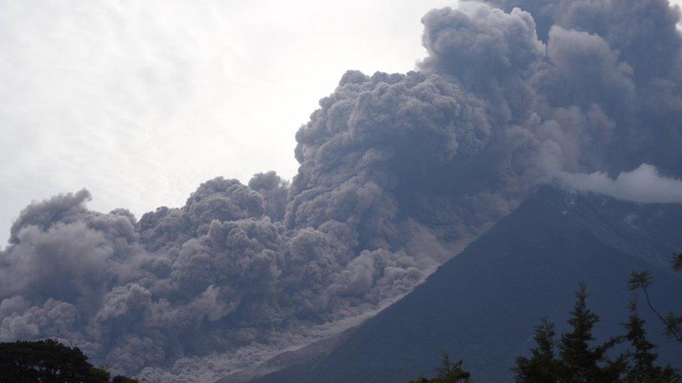 The Fuego Volcano in eruption, seen from Alotenango municipality