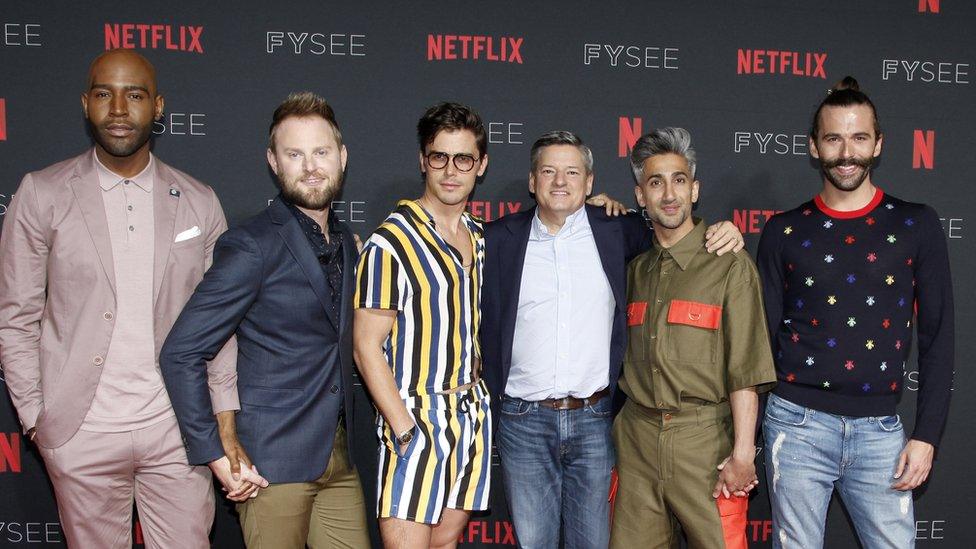 Karamo Brown, Bobby Berk, Antoni Porowski, Ted Sarandos, Tan France, and Jonathan Van Ness