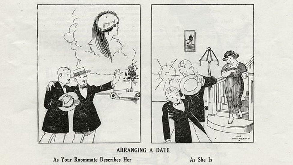 The cartoon is called 'Arranging a Date'. On the left of the cartoon, one man describes a beautiful woman to another man captioned "As Your Roommate Describes Her". On the right of the image, the woman is supposedly unattractive by 1919 standards and is captioned "As She Is".