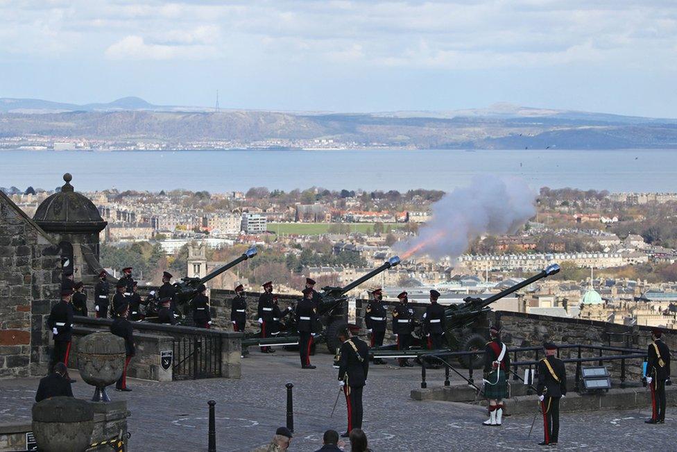 The Death Gun Salute is fired by the 105th Regiment Royal Artillery to mark the passing of Britain's Prince Philip, Duke of Edinburgh, at Edinburgh Castle in Edinburgh, Scotland on April 10, 2021