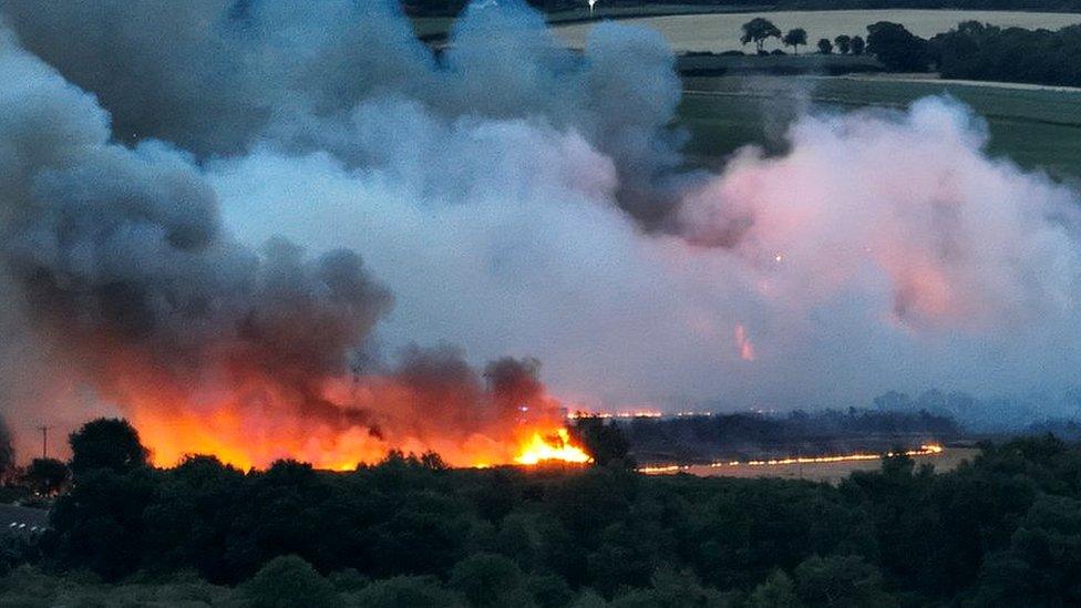 Drone image of fire at Knodishall Common