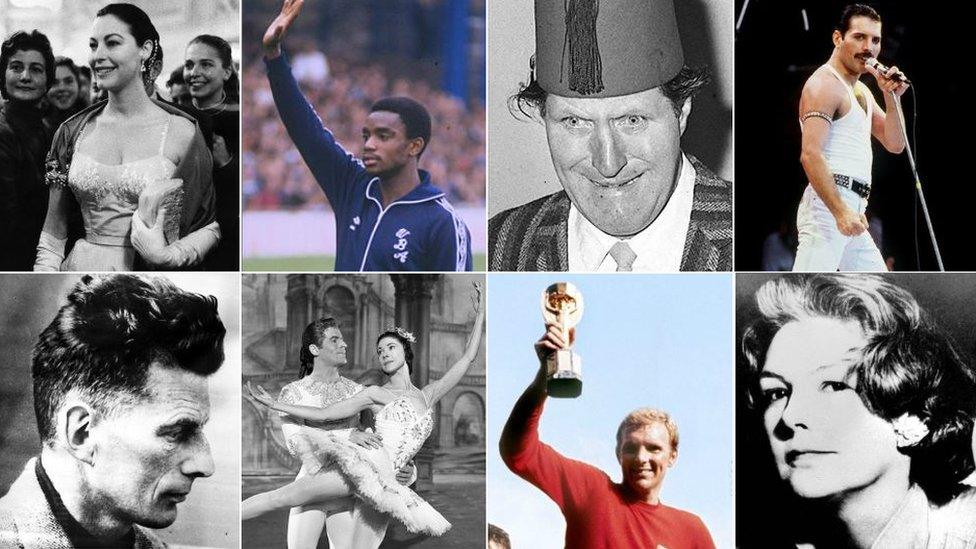 (Clockwise) Ava Gardner, Laurie Cunningham, Tommy Cooper, Freddie Mercury, Elizabeth David, Bobby Moore, Margot Fonteyn, Samuel Beckett