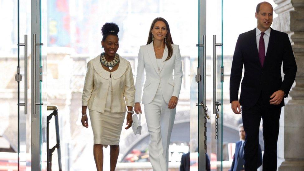 Prince William and Catherine, Duchess of Cambridge accompanied by Baroness Floella Benjamin