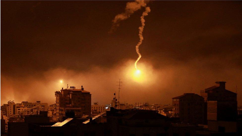 Flares are fired by Israeli forces, amid the ongoing conflict between Israel and Palestinian Islamist group Hamas