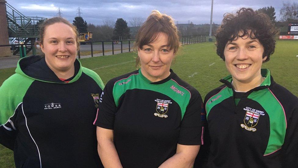 City of Derry players (left to right) Joanna Ha’unga, Michelle Gormley-McLaughlin and Maeve O’Neill