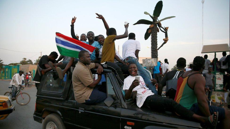 Gambians gather at Westfield junction to celebrate the swearing-in of Gambia"s new President Adama Barrow in Banjul, Gambia (January 19, 2017)