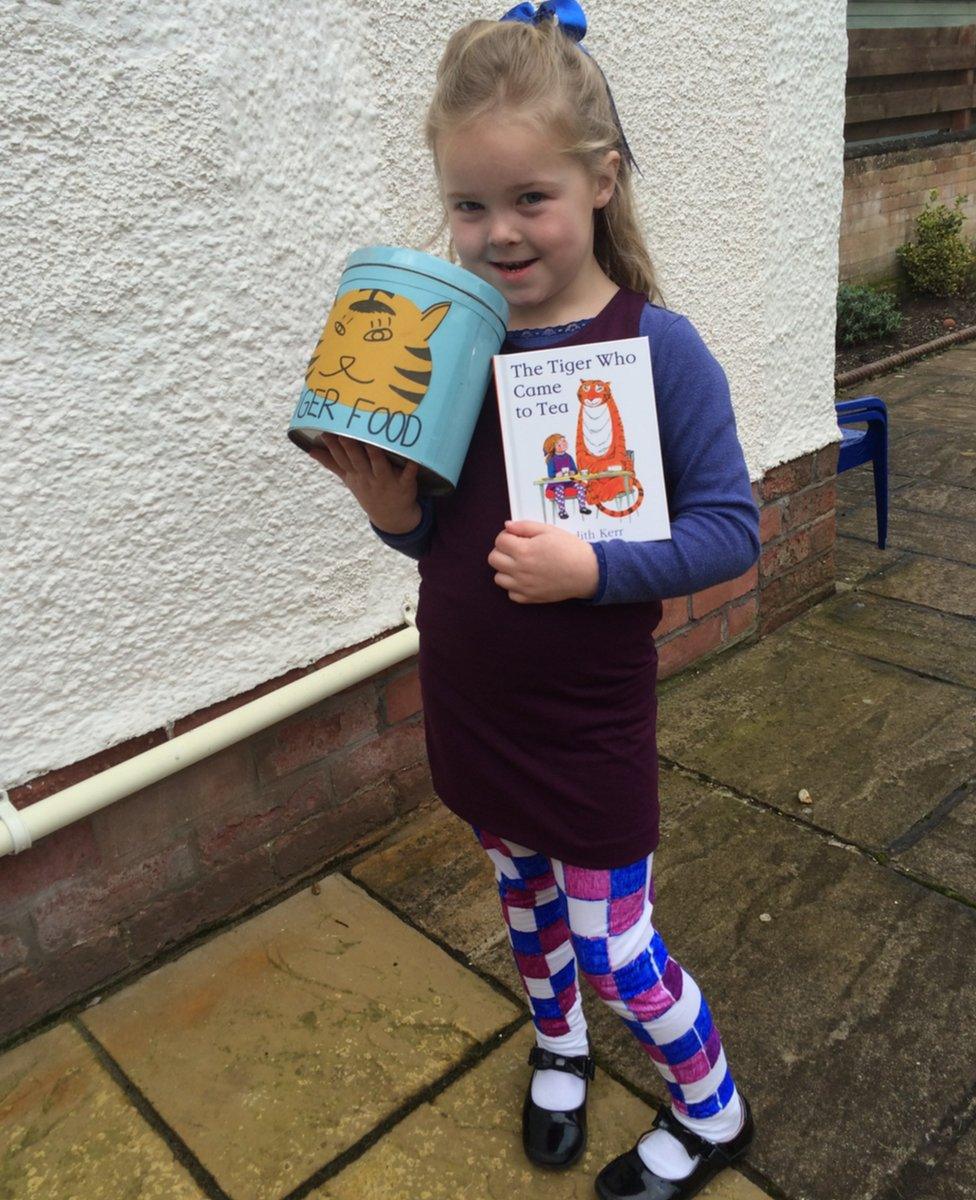 Cara from Troon in Scotland is dressed up as Sophie from The Tiger Who Came to Tea