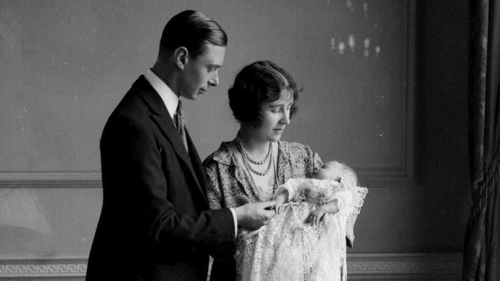 The Duke and Duchess of York with their eldest baby daughter Princess Elizabeth, now the Queen, at her christening. May 1926