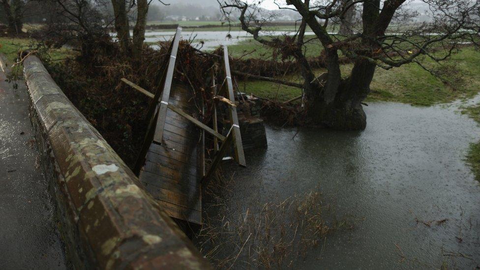 Bridge destroyed by flooding in Keswick