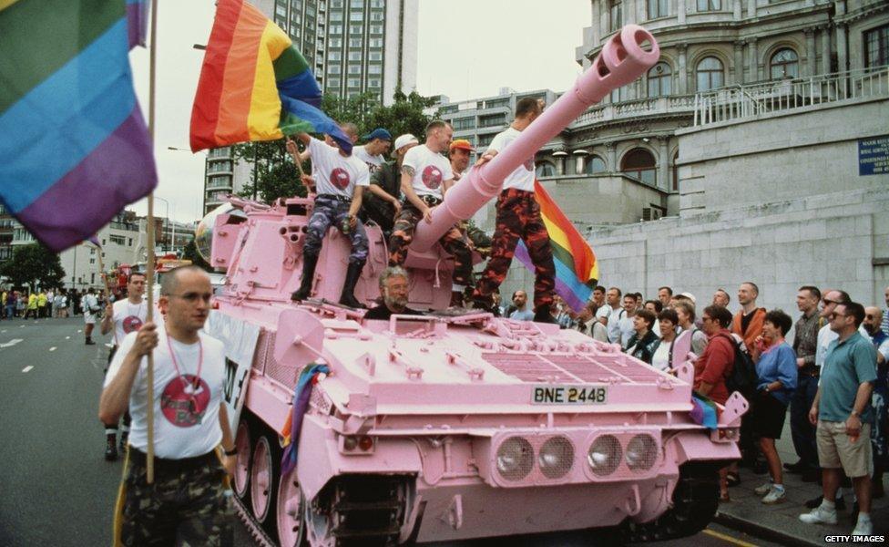 A pink tank at London Pride 1995